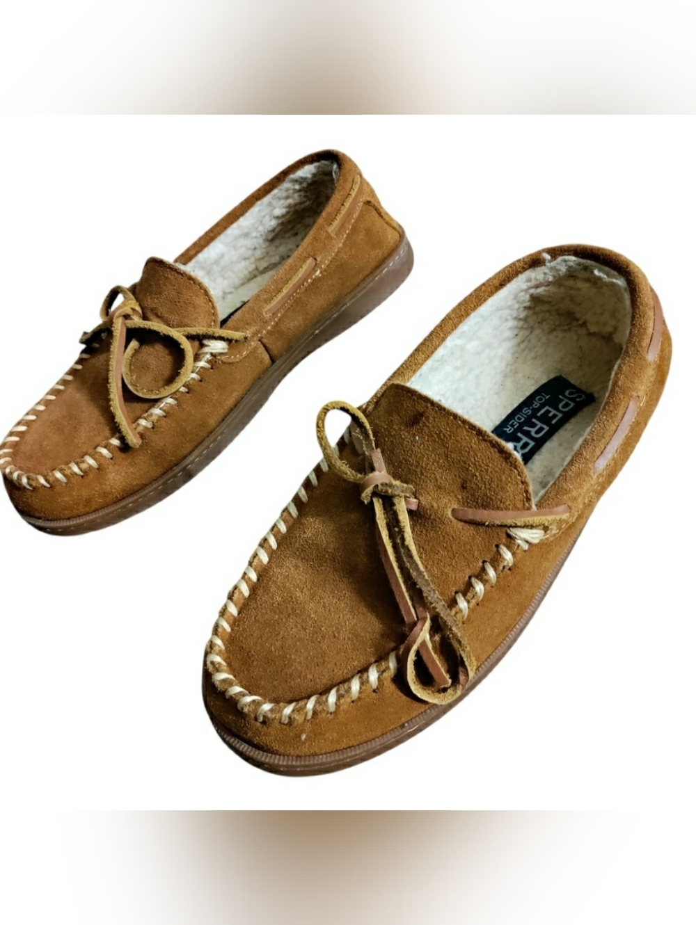 Sperry Topsider Leather Moccasin Shoes Plush Lined Cognac Brown Suede